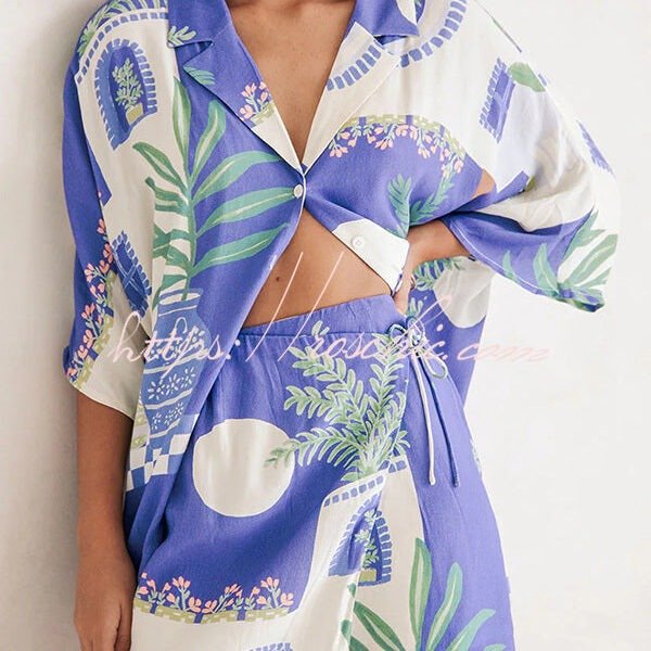 Balmy Summer Nights Unique Print Loose Shirt and Elastic Waist Wrap Lace-up Skirt Set