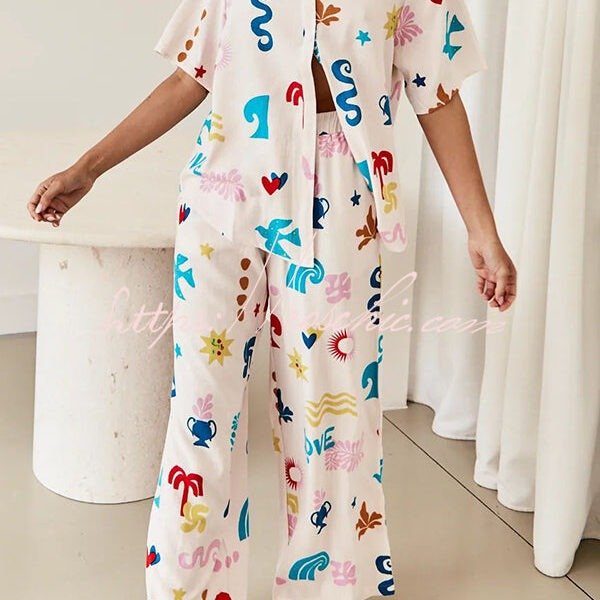Summer Beach Element Printed Button Lace Up Pocket Pants Suit