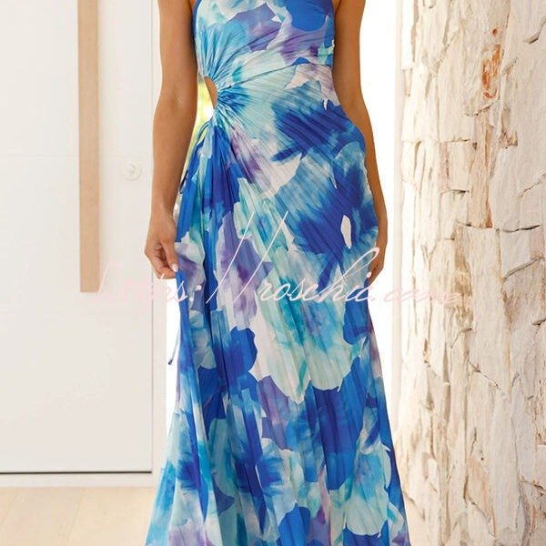 Laken Floral Print One Shoulder Adjustable Tie Cutout Pleated Maxi Dress