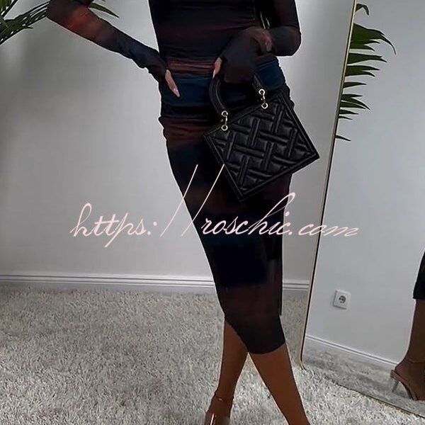 Sunset Evening Mesh Gradient Print Ruched Midi Dress