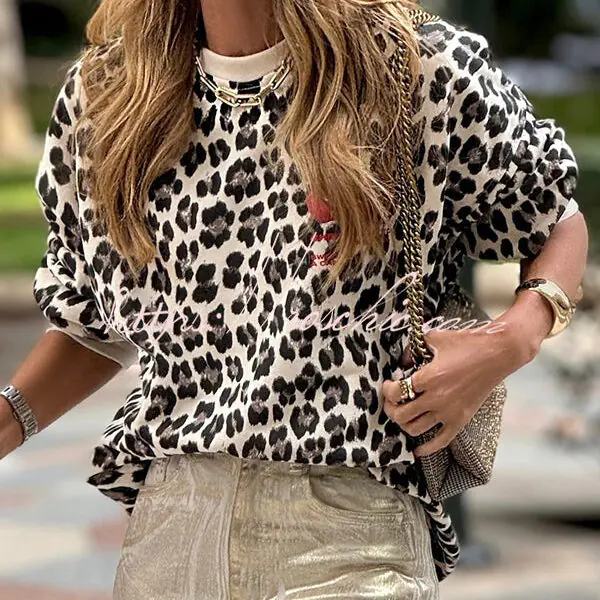 Unique Modern Feel Leopard and Cherry Print Casual Sweatshirt