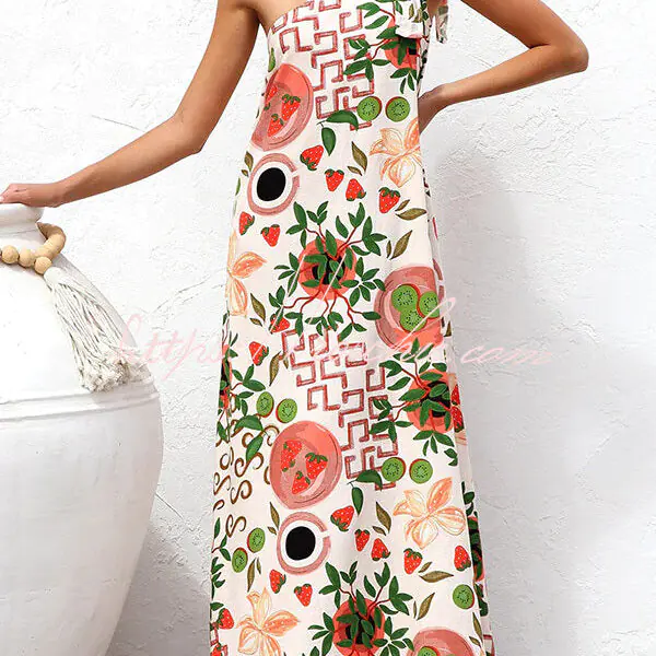Botanical Print Elegant Strappy One-shoulder Resort Maxi Dress