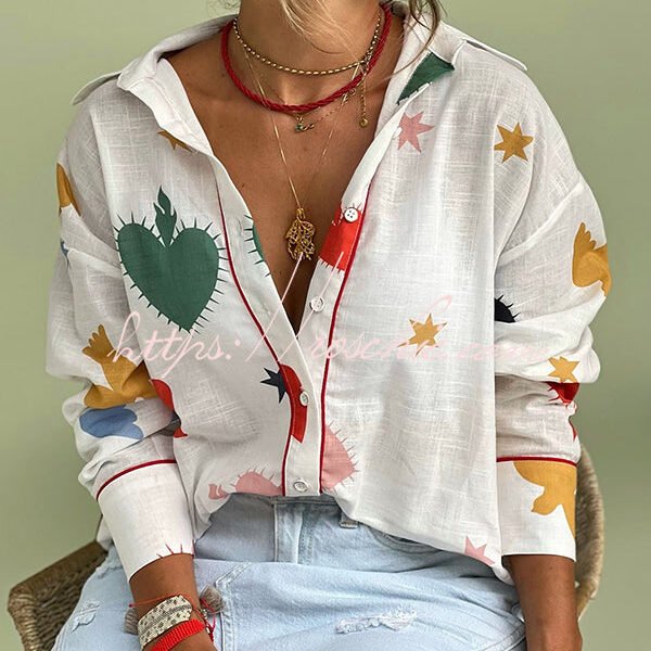 Cue The Sunshine Linen Blend Unique Print Button Long Sleeve Loose Blouse