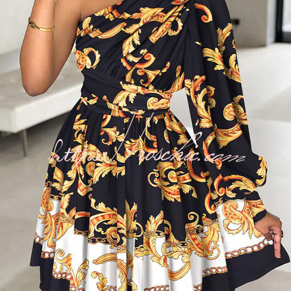 Stylish Printed One Shoulder Tighten Waist Mini Dress