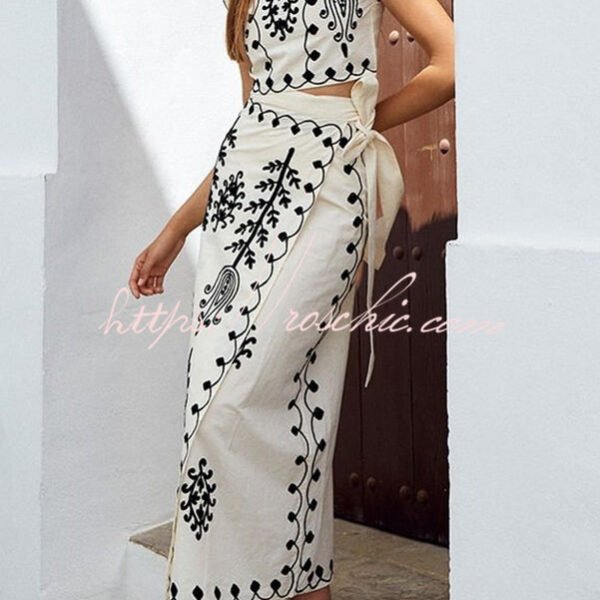 Rima Linen Blend Ethnic Print Crop Top & Tire-up Wrap Midi Skirt Set