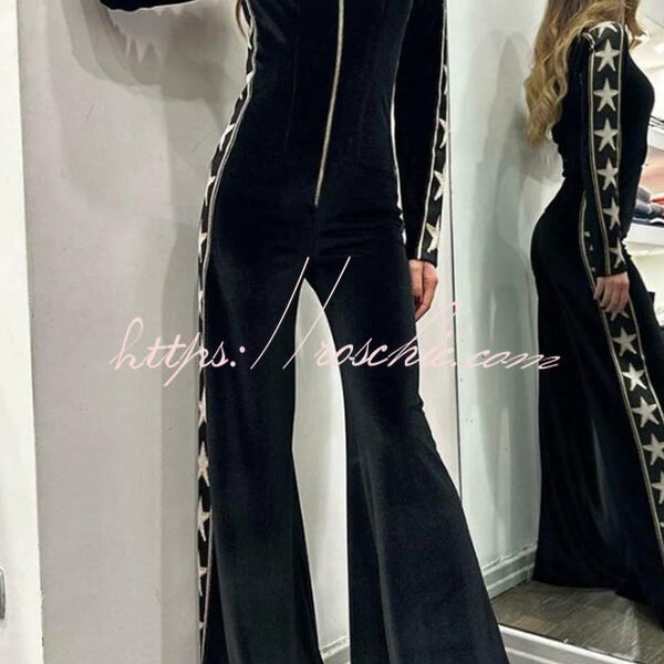 Star-print Velvet Patchwork Zipped Wide-leg Jumpsuit