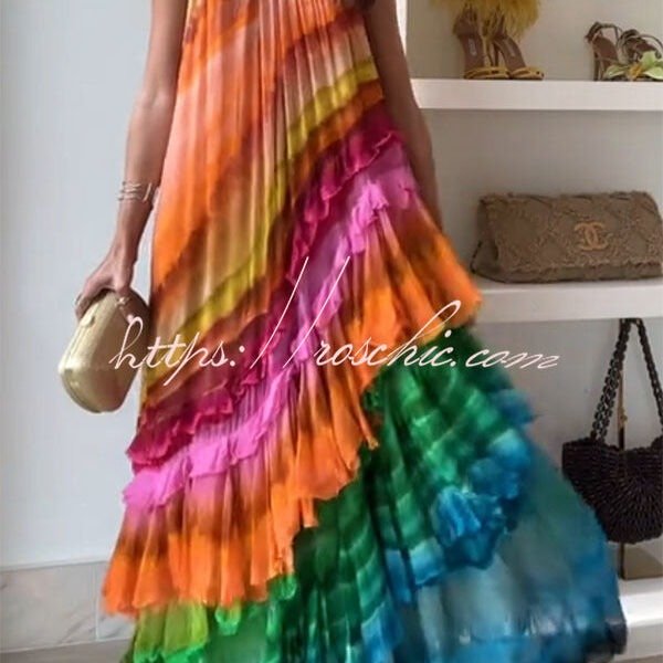 Rosha Georgette Crepe Tie-dye Print Layered Ruffles A-line Maxi Dress