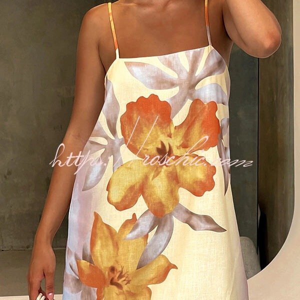 Summer Surprise Linen Blend Floral Print Slip H-line Mini Dress