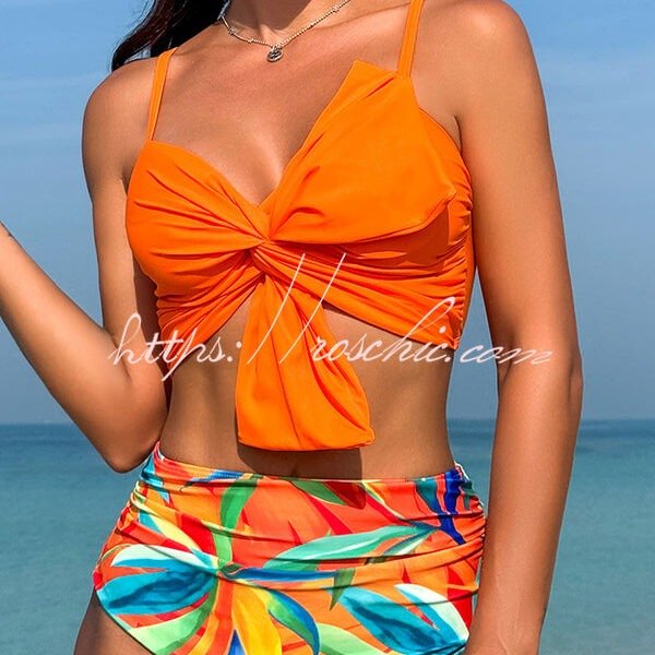 Gracie Bow Twist Design Printed High Rise Bikini Swimsuit