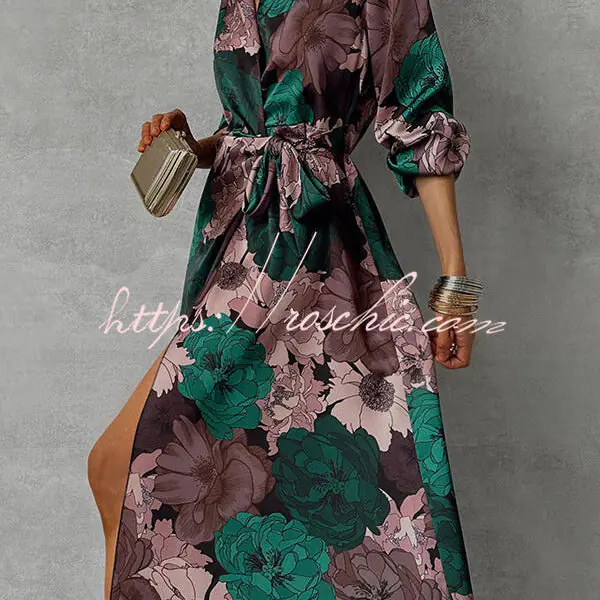 Floral Print Lapel Waisted Lace-up Long-sleeve Maxi Dress