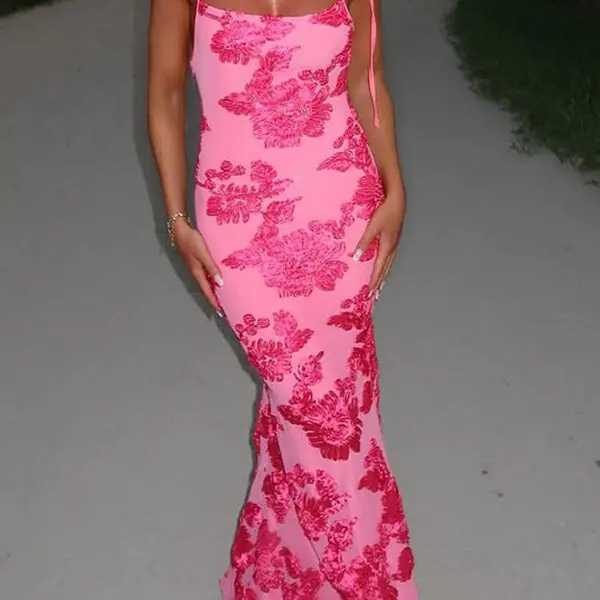 Floral Embroidered Sexy Suspender Strap Slim Fit Maxi Dress