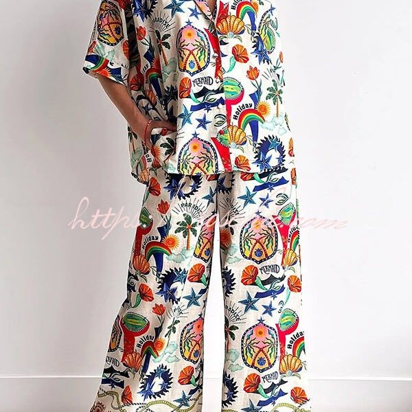Linen Blend Unique Print Loose Short Sleeve Shirt and Elastic Waist Tie Pocket Pants Set