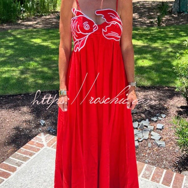 Red Fish Embroidered Sling Backless Maxi Dress