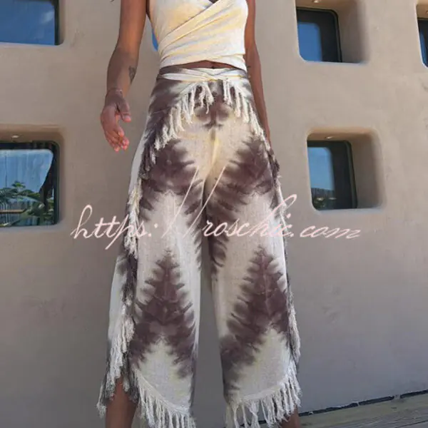 Katy Linen Blend Tie-dye Wrap Tie-up Tassel Trim Pants
