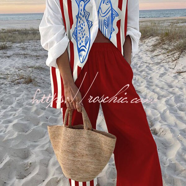 Striped Fish Print Oversized Shirt and Elastic Waist Pocket Pants Set