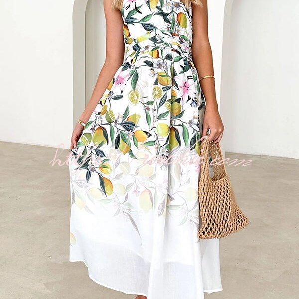 Floral Print Halterneck Tie Zip Smocked Maxi Dress