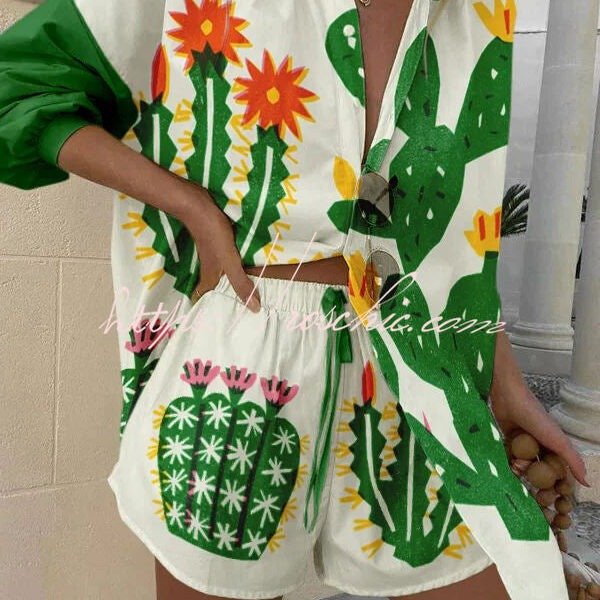 Beautiful Contrasting Cactus Print Button Pocket Lace Up Shorts Set