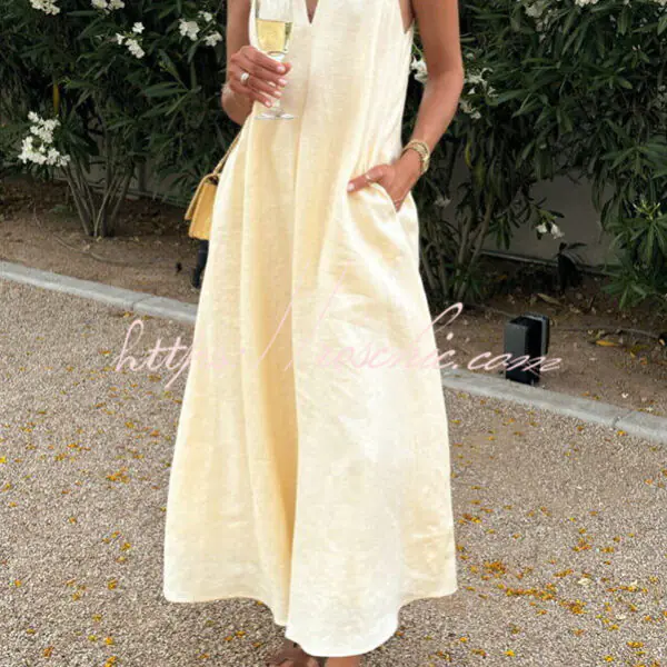 Old Money Style Linen Blend Back Twisted Pocket A-line Midi Dress