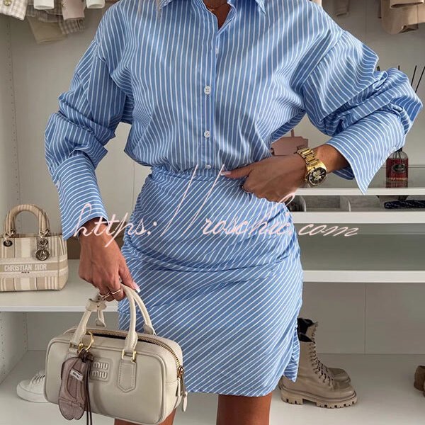 Cruising Weekend Striped Button Up Ruched Shirt Mini Dress