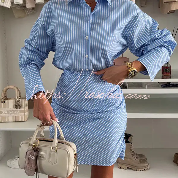 Cruising Weekend Striped Button Up Ruched Shirt Mini Dress