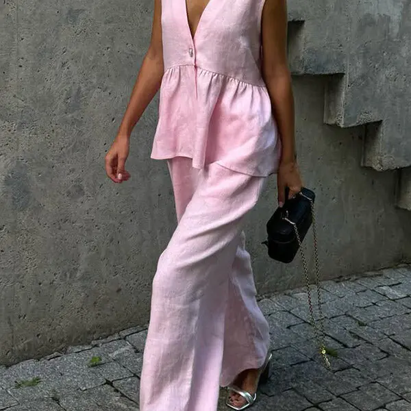 Linen Blend Sleeveless V-neck Loose Top and Elastic Waist Pocket Wide-leg Pants Set