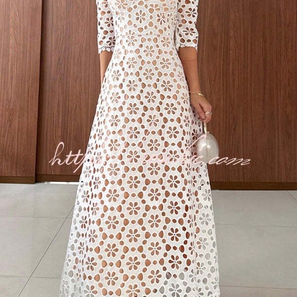 Best Day Ever Crochet Floral Lace Puff Sleeve Lined Maxi Dress