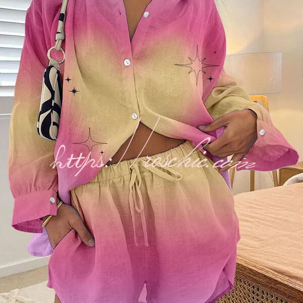 Shiny Star Print Button Pocket Lace Up Shorts Set