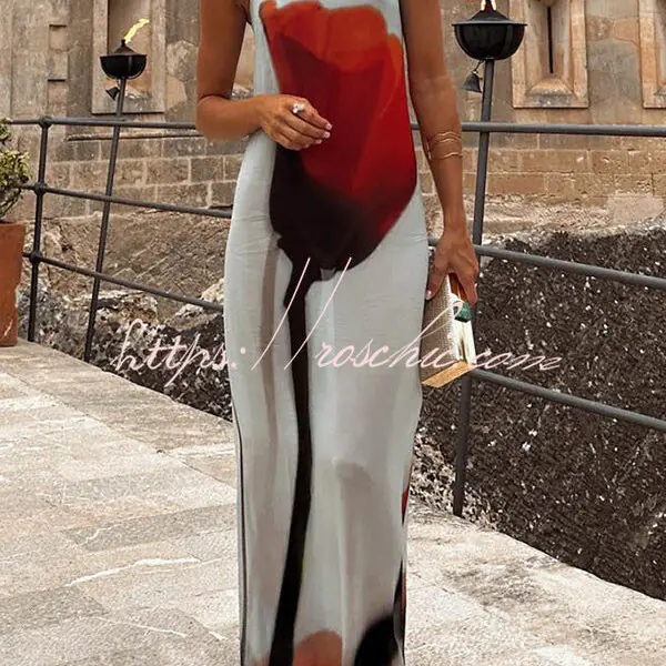 Seasonal Blooms Abstract Tulip Print Slip H-line Vacation Maxi Dress