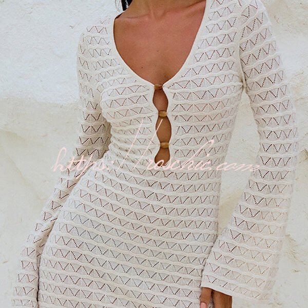 Solid Long Sleeve V Neck Beach Cover Up Mini Dress