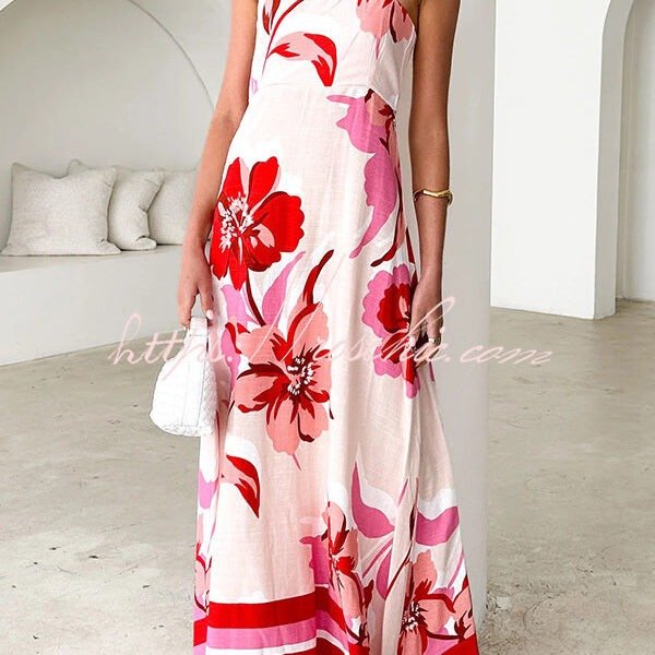 Floral Print Strap Square Neck Large Hem Maxi Dress