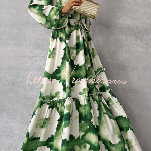 Unique Printed V-neck Long Sleeve Waist Tie-down Maxi Dress