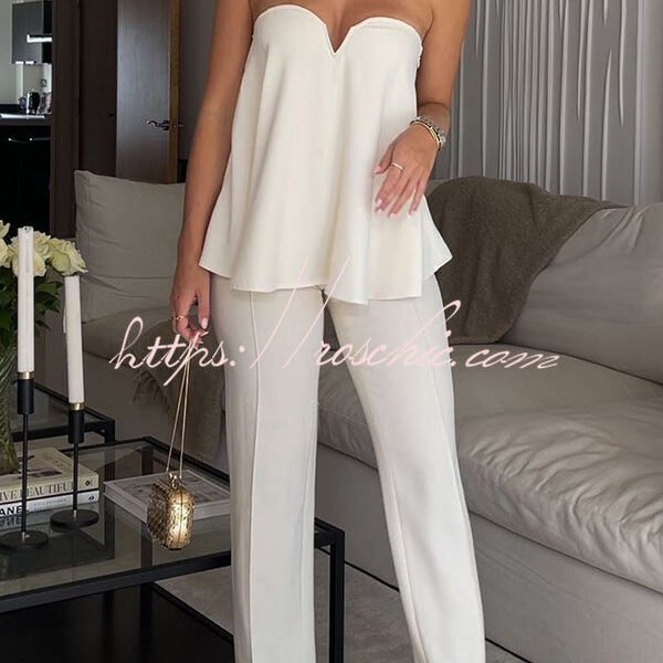 Celebrating Elegant Satin Bandeau A-line Top and High Waist Pants Set