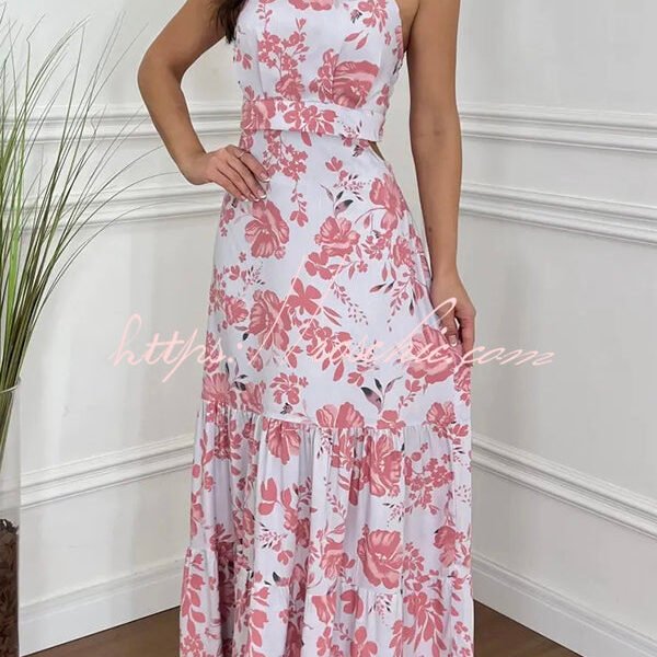 Vintage Charm Floral Print Cutout Back Smocked Maxi Dress