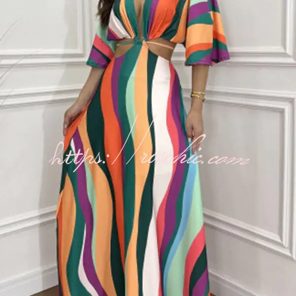 Wilma Unique Print Cutout Elastic Waist Tie-up Kimono Sleeve Maxi Dress