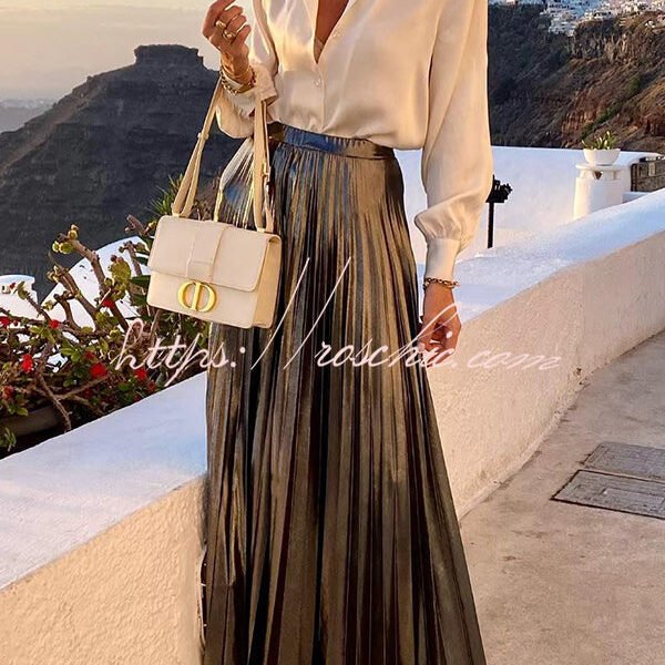 Fashionable Metallic Pleated Back Elastic Waist Maxi Skirt