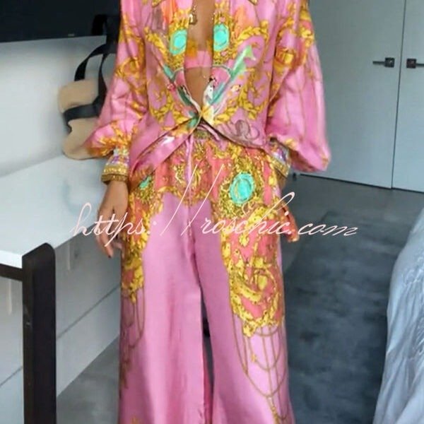 Mermaid Motel Unique Print Long Sleeve Loose Shirt and Elastic Waist Pants Set