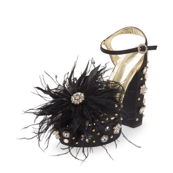 FSJ Black Feather & Crystal Ankle Strap Heels Rivet Platform Sandals