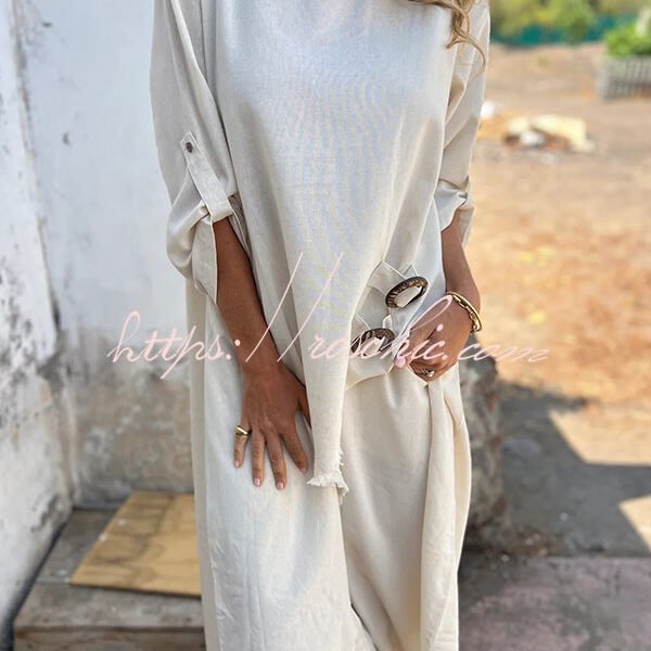Jamilah Linen Blend Ring Detail Midi Blouse and Elastic Waist Pocketed Loose Pants Set