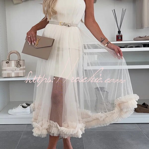 Fairytale Charm Tulle Off Shoulder Ruffles Trim A-line Midi Dress