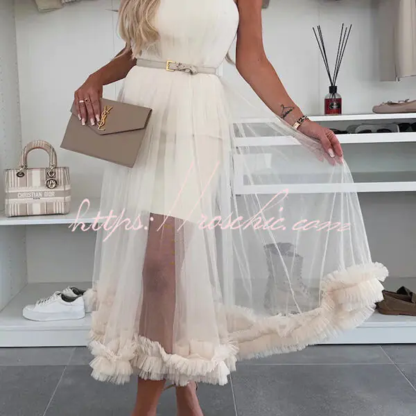 Fairytale Charm Tulle Off Shoulder Ruffles Trim A-line Midi Dress