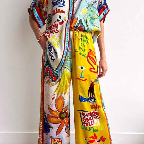 Raina Satin Unique Print Short-sleeved Loose Shirt and Elastic Waist Pocket Pants Set