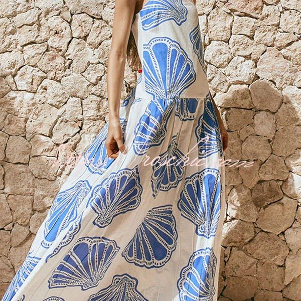 Linen Blend Shell Print Loose Strappy Resort Style Maxi Dress
