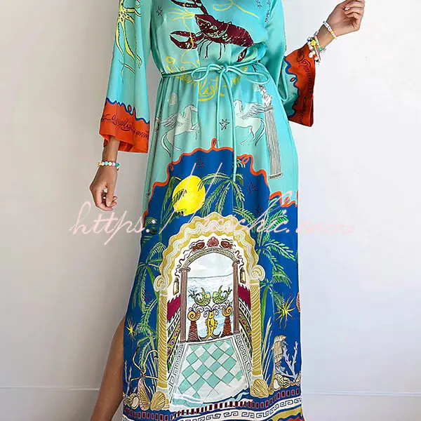 Satin Unique Print Long-sleeve Tie-waist Slit Maxi Dress