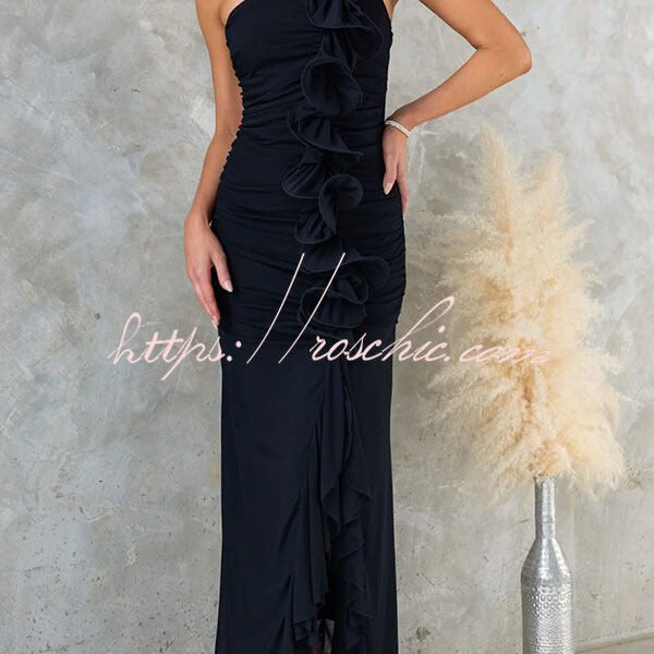 Rehna Mesh 3D Ruffles One Shoulder Stretch Maxi Dress