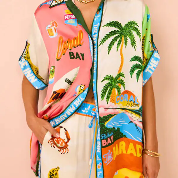 Kissed By The Sun Satin Unique Print Colorblock Button Down Oversized Blouse