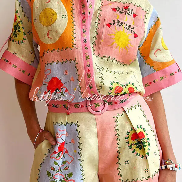 Lily Song Linen Blend Unique Print Short Sleeve Shirt and Belted Pocket Shorts Set