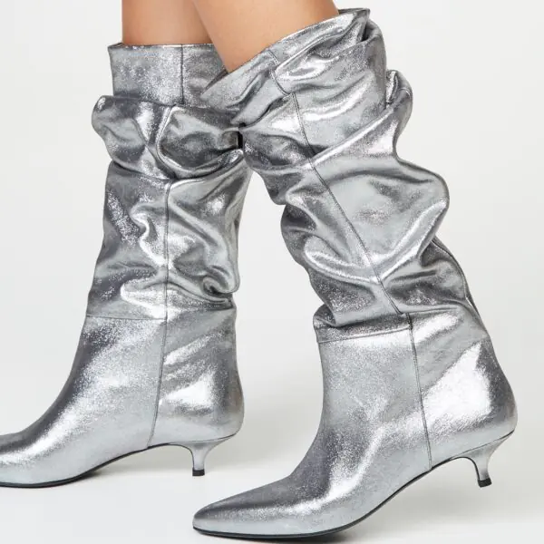 Silver Metallic Pointed Toe Kitten Heel Mid-Calf Slouch Boots