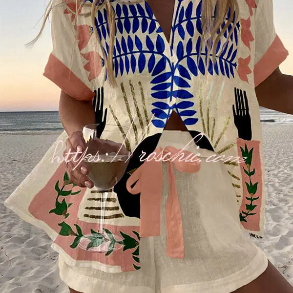 Botanical Print Loose Button Elastic Waist Shorts Set