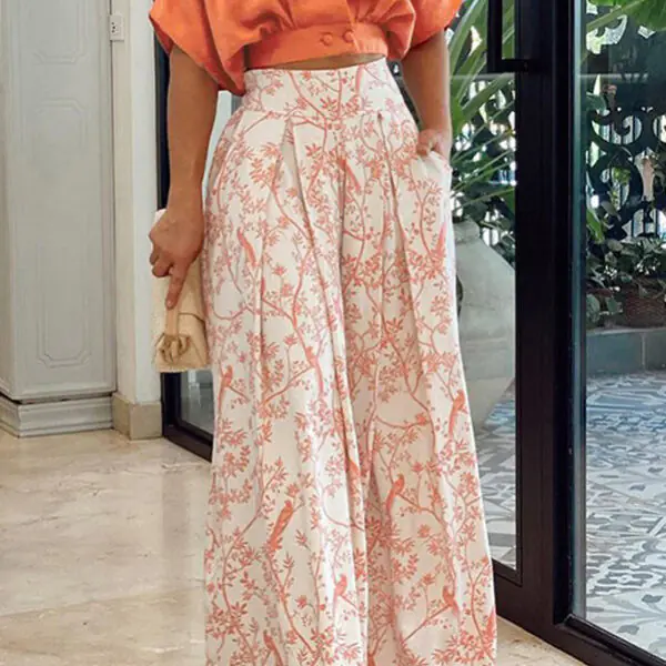 Sharity Printed Button Crop Wide Leg Pant Set