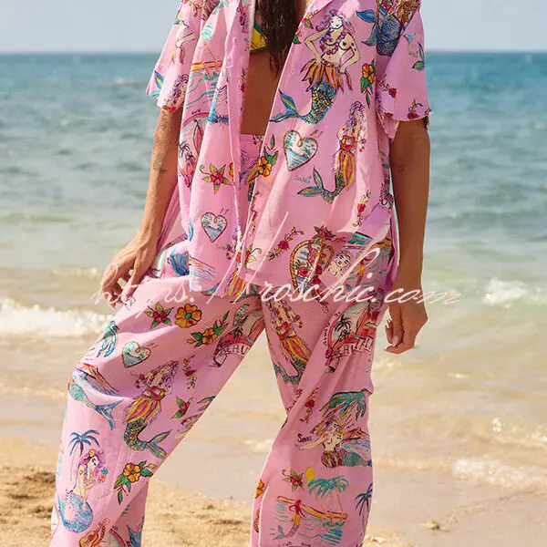 Mermaid Whispers Linen Blend Unique Print  Elastic Waist Pocket Wide Leg Pants